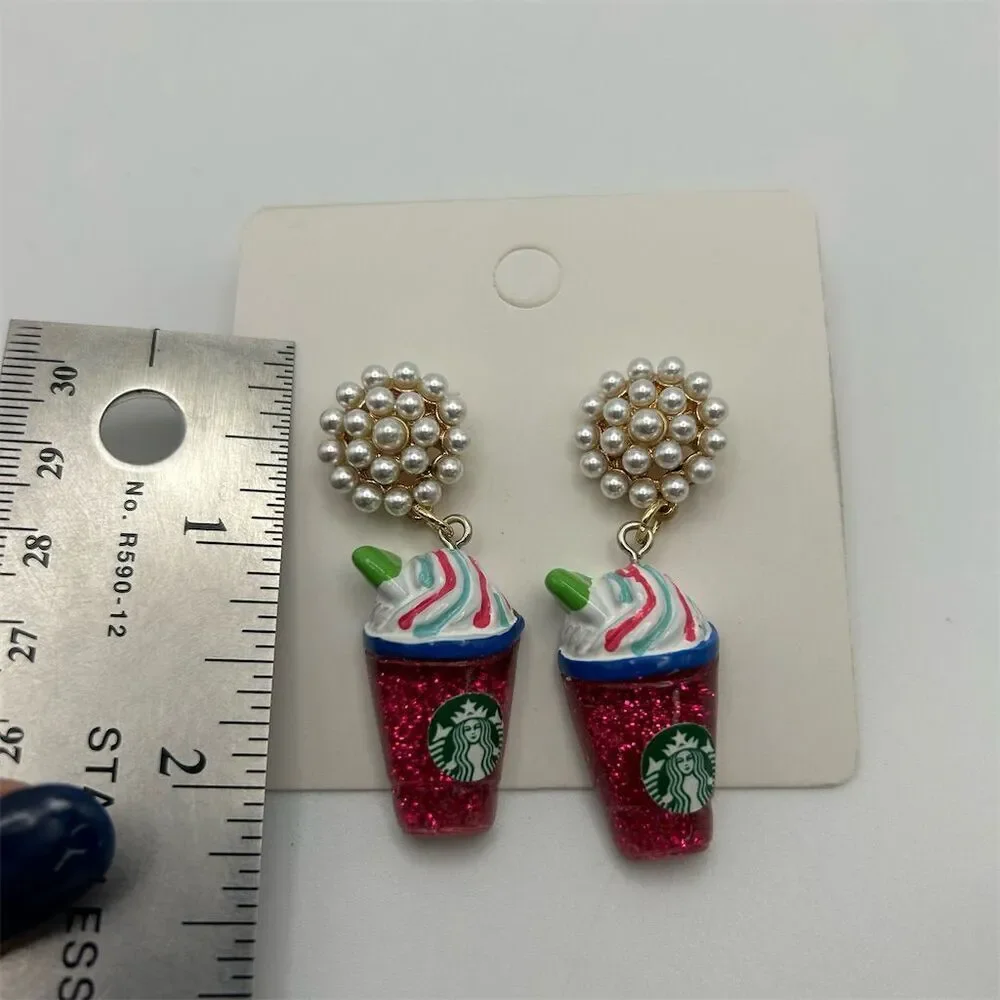 Fun Novelty Faux Pearl Textured Frappuccino Coffee Theme Stud Dangle Earrings